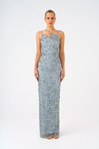 Strappy Seashell Pattern Stone Embroidered Long Evening Dress