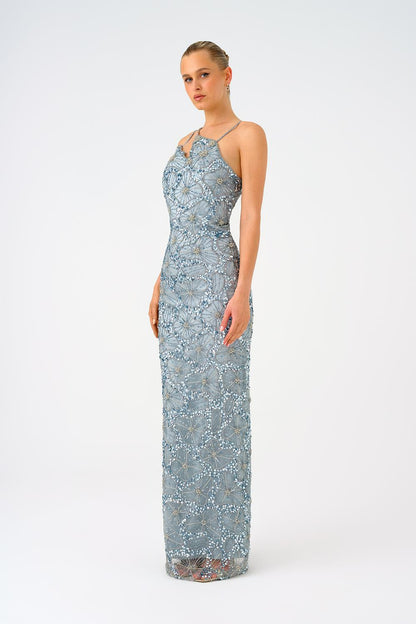 Strappy Seashell Pattern Stone Embroidered Long Evening Dress - 9110C