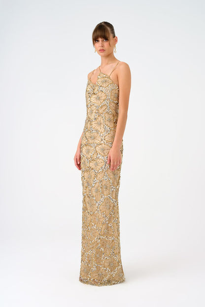 Strappy Seashell Pattern Stone Embroidered Long Evening Dress - 9110C