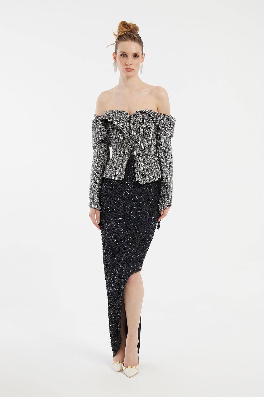 Long Sleeve Heart Neck Tweed Jacket and Sequined Skirt Suit
