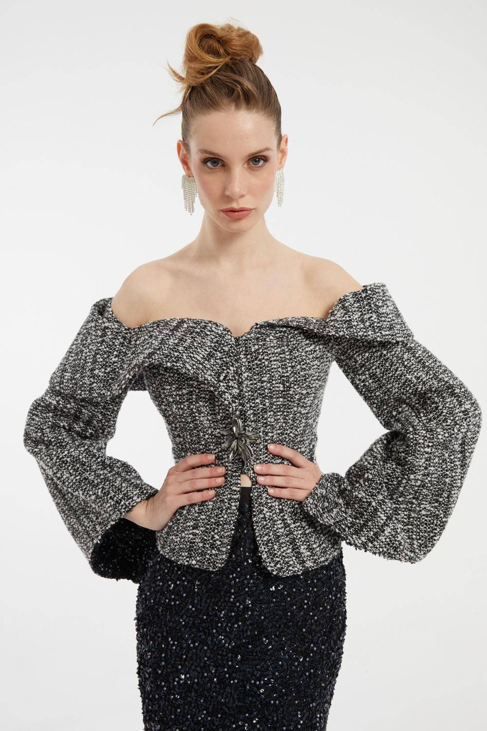 Long Sleeve Heart Neck Tweed Jacket and Sequined Skirt Suit