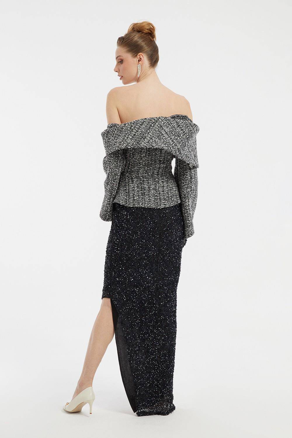 Long Sleeve Heart Neck Tweed Jacket and Sequined Skirt Suit