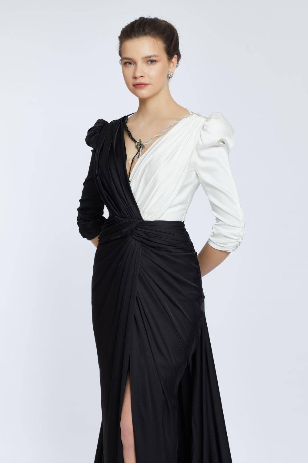 Bicolor Draped Long Evening Dress