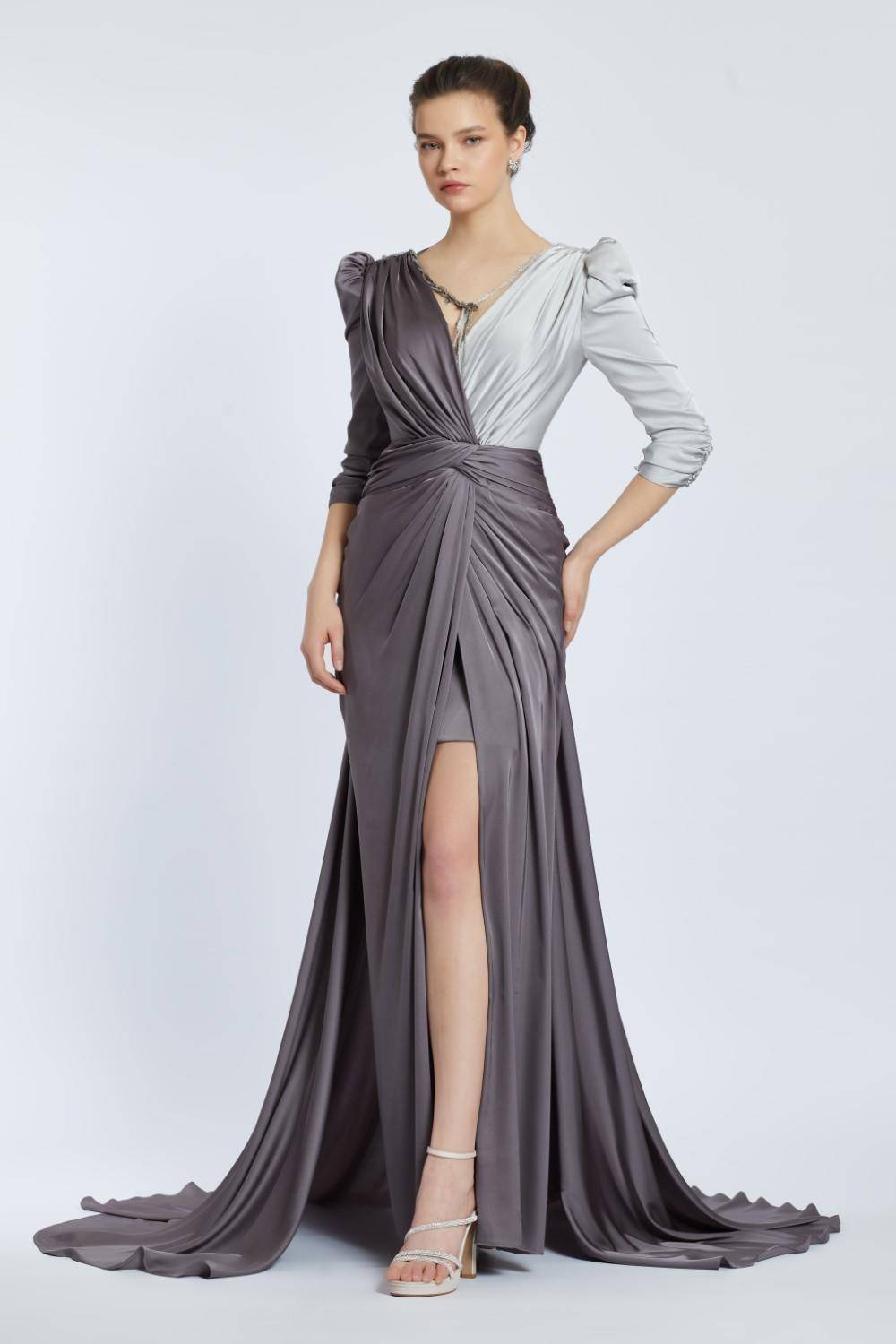 Bicolor Draped Long Evening Dress