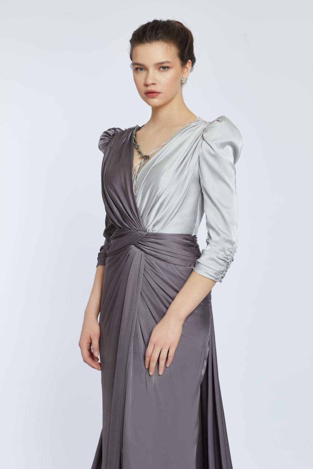 Bicolor Draped Long Evening Dress