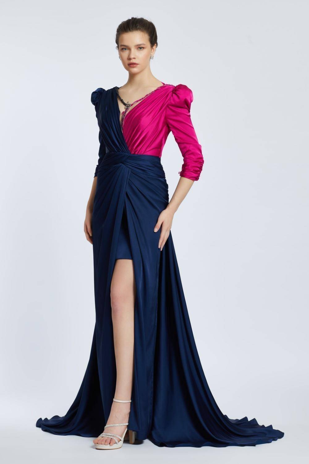 Bicolor Draped Long Evening Dress