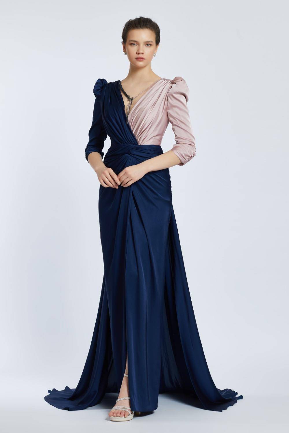 Bicolor Draped Long Evening Dress