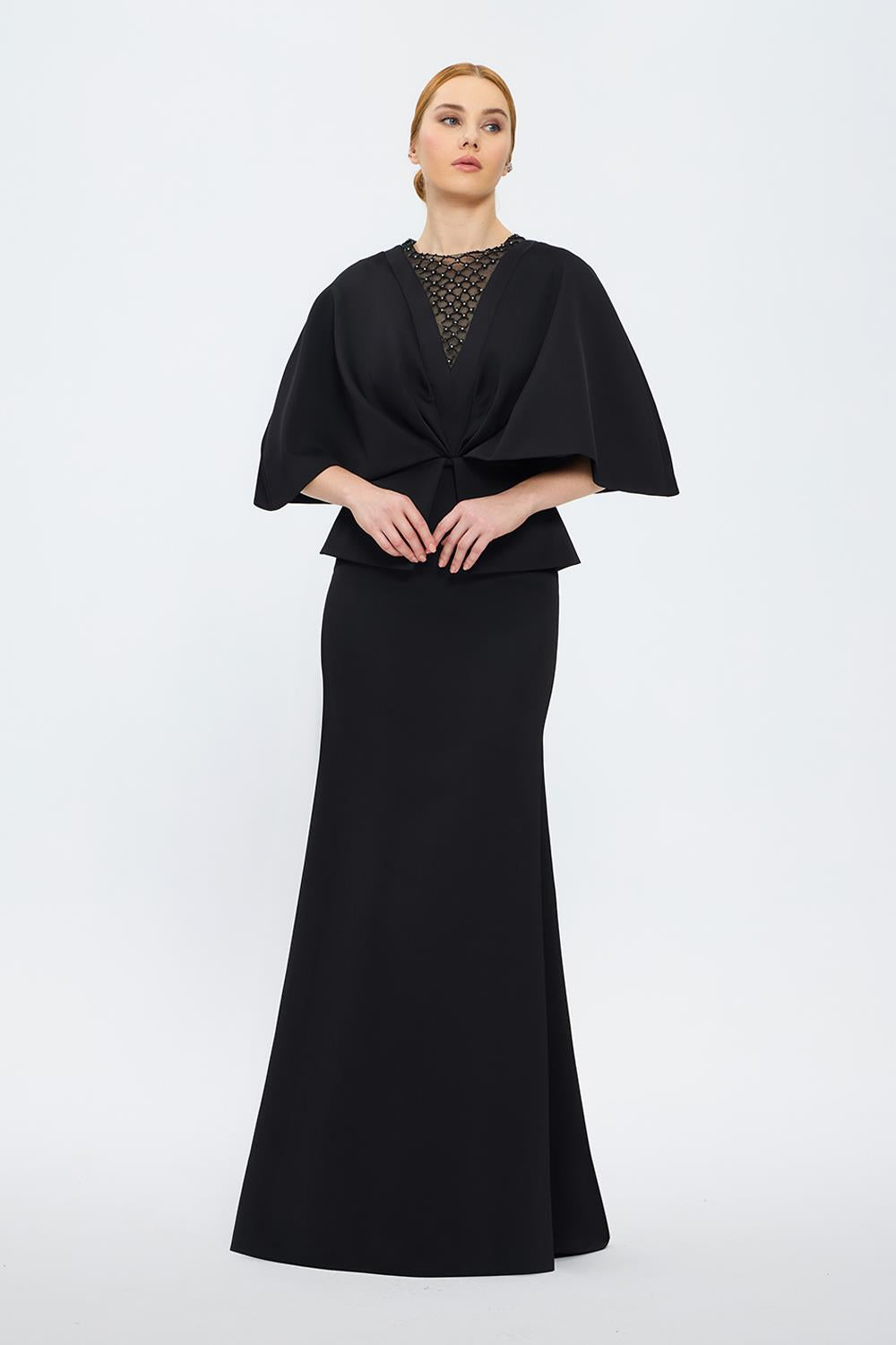 V Neck Balloon Sleeve Long Evening Dress