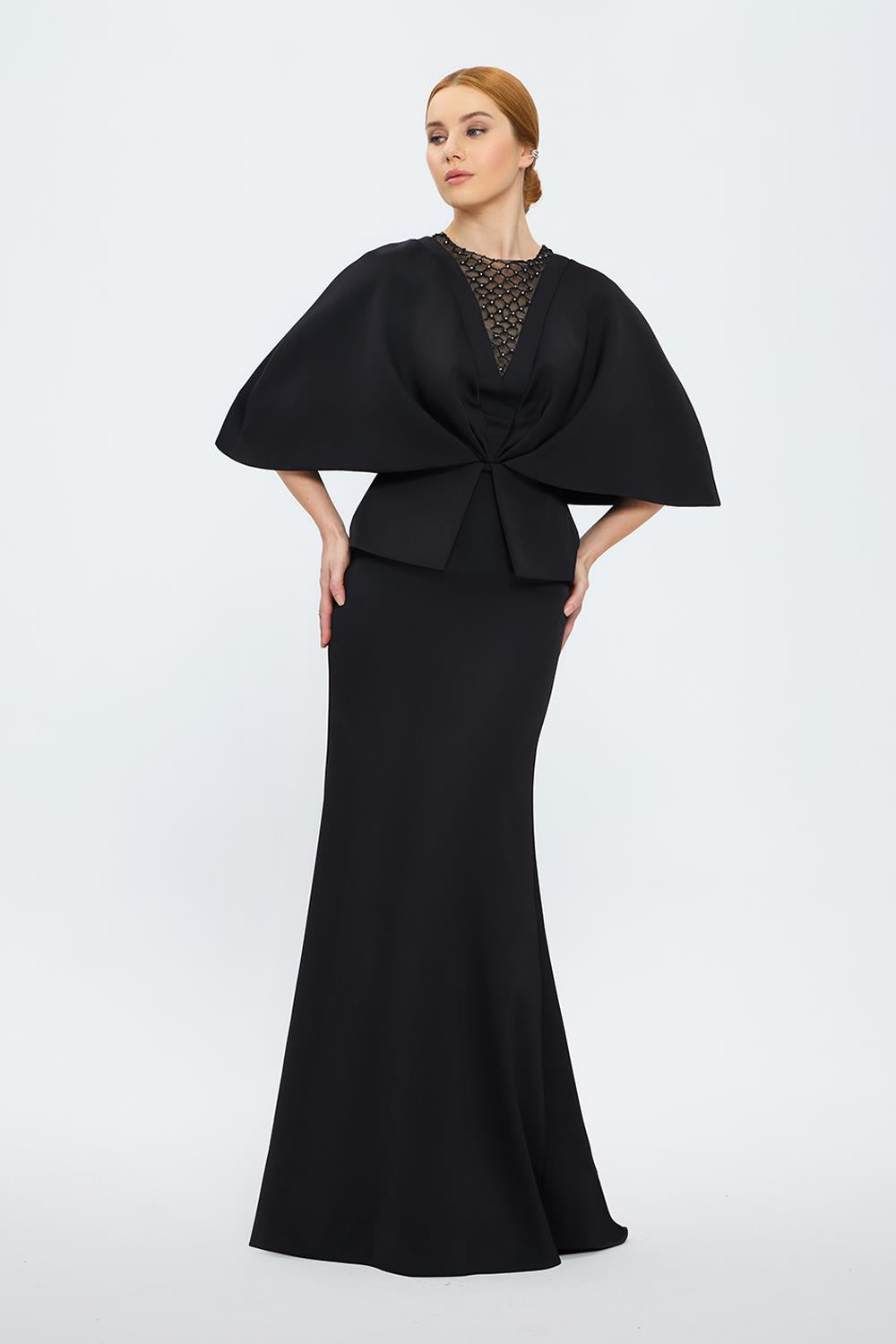 V Neck Balloon Sleeve Long Evening Dress