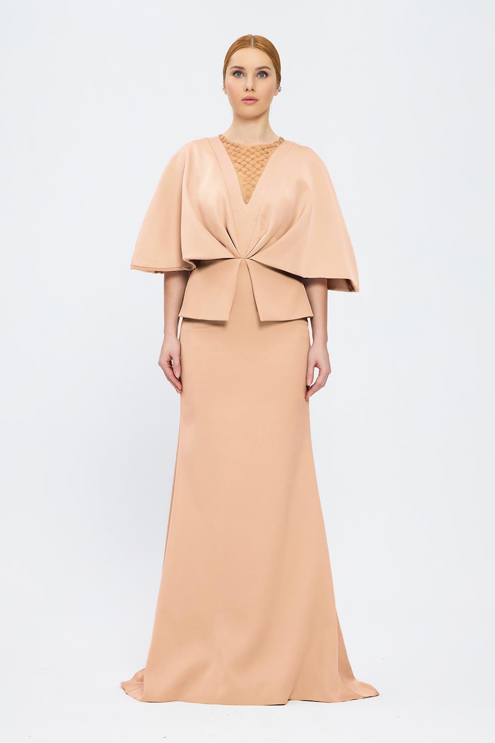 V Neck Balloon Sleeve Long Evening Dress