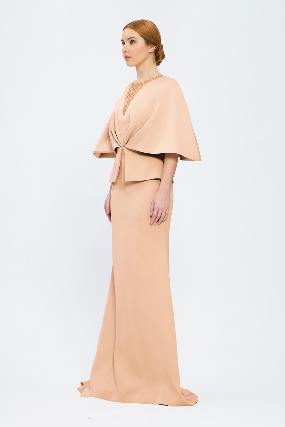 V Neck Balloon Sleeve Long Evening Dress