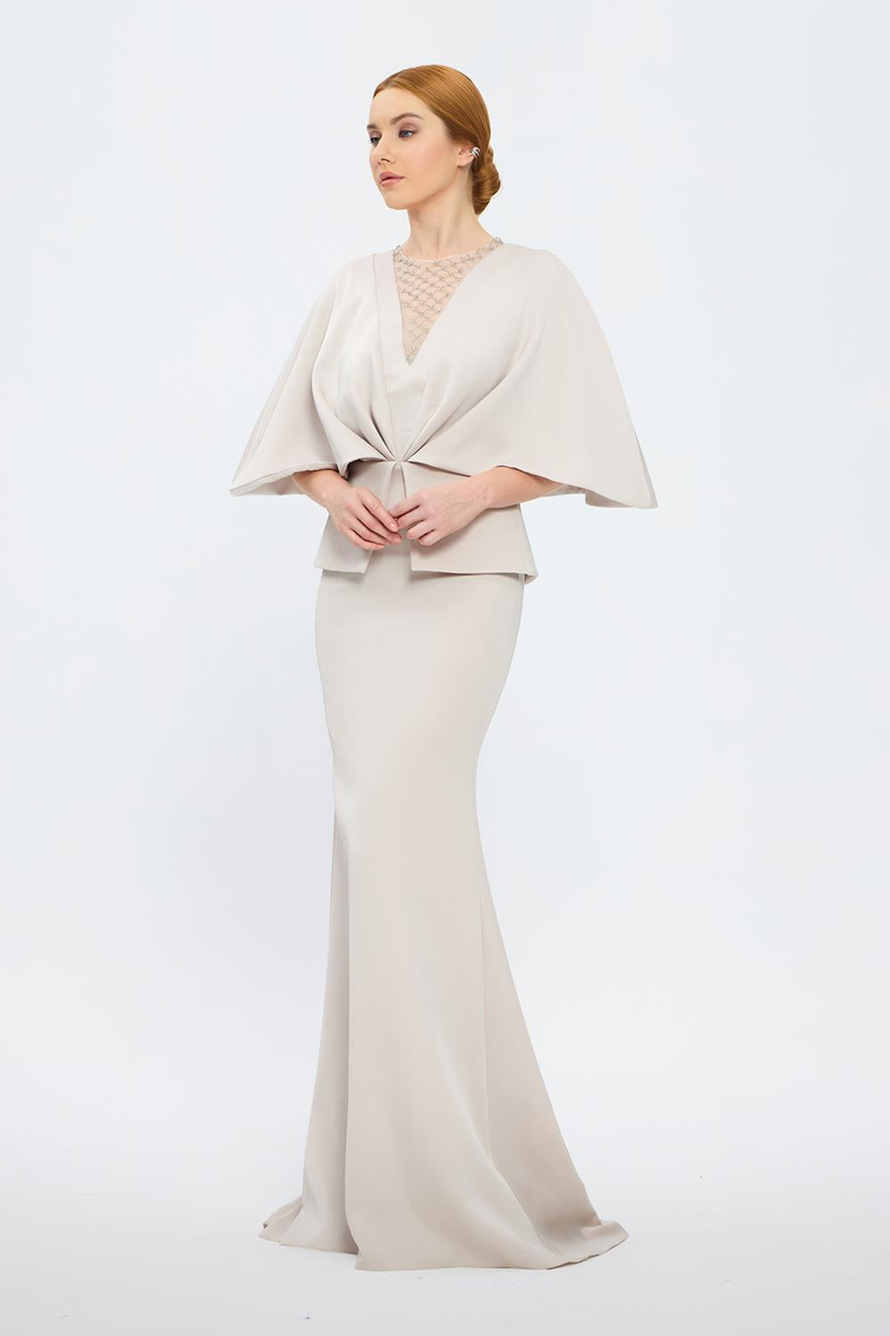 V Neck Balloon Sleeve Long Evening Dress