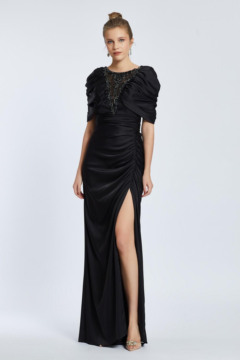 V-Neck Rhinestone Embroidered Balloon Sleeve Draped Long Evening Dress