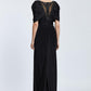 V-Neck Rhinestone Embroidered Balloon Sleeve Draped Long Evening Dress