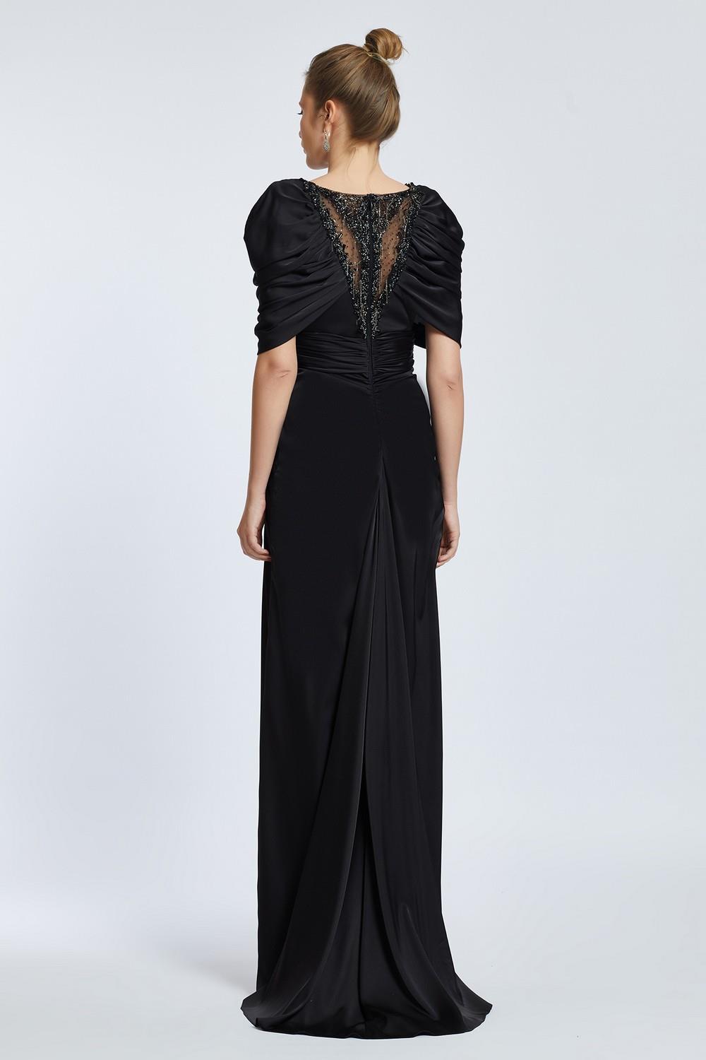 V-Neck Rhinestone Embroidered Balloon Sleeve Draped Long Evening Dress