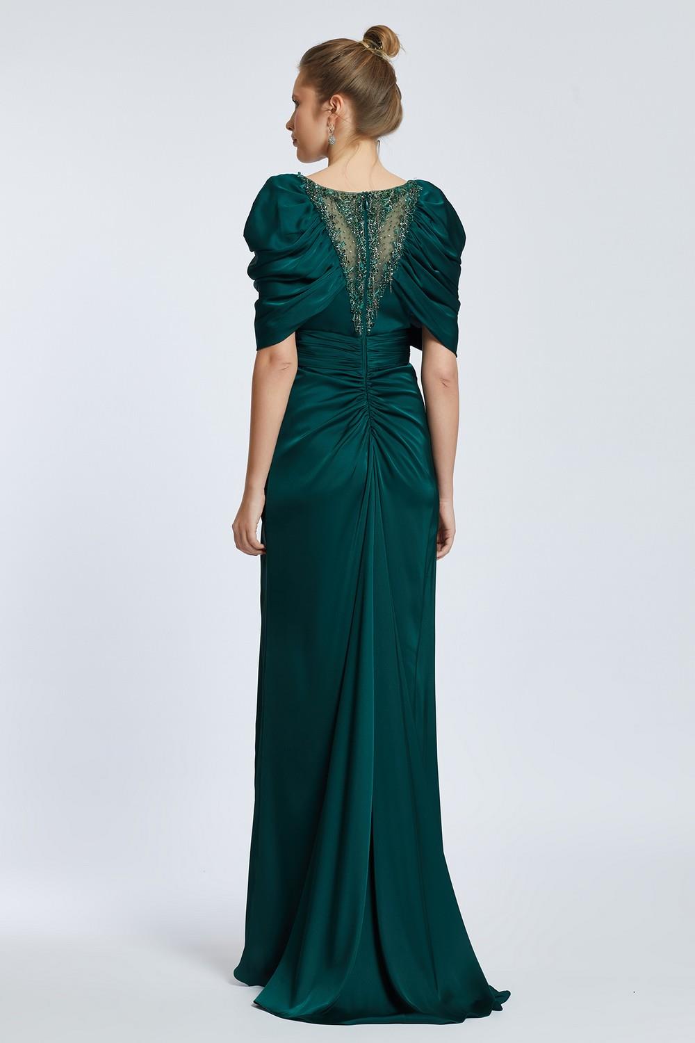 V-Neck Rhinestone Embroidered Balloon Sleeve Draped Long Evening Dress