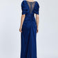 V-Neck Rhinestone Embroidered Balloon Sleeve Draped Long Evening Dress