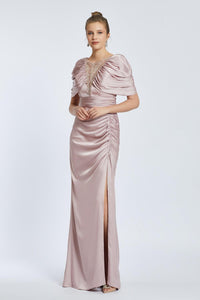 V-Neck Rhinestone Embroidered Balloon Sleeve Draped Long Evening Dress