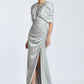 V-Neck Rhinestone Embroidered Balloon Sleeve Draped Long Evening Dress