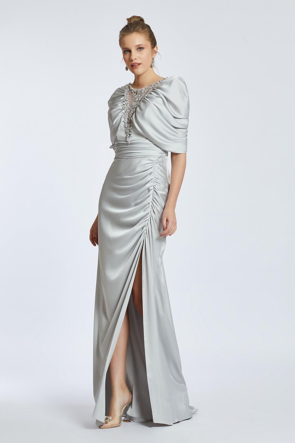 V-Neck Rhinestone Embroidered Balloon Sleeve Draped Long Evening Dress