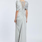 V-Neck Rhinestone Embroidered Balloon Sleeve Draped Long Evening Dress