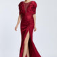 V-Neck Rhinestone Embroidered Balloon Sleeve Draped Long Evening Dress