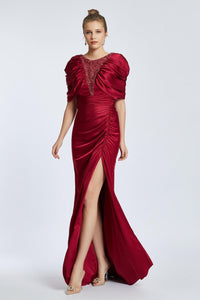 V-Neck Rhinestone Embroidered Balloon Sleeve Draped Long Evening Dress