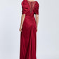 V-Neck Rhinestone Embroidered Balloon Sleeve Draped Long Evening Dress