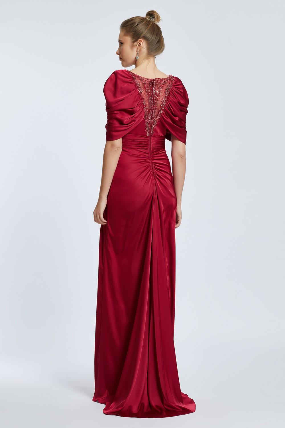 V-Neck Rhinestone Embroidered Balloon Sleeve Draped Long Evening Dress