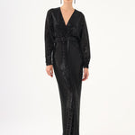 V Neck Long Sleeve Sequin Long Evening Dress