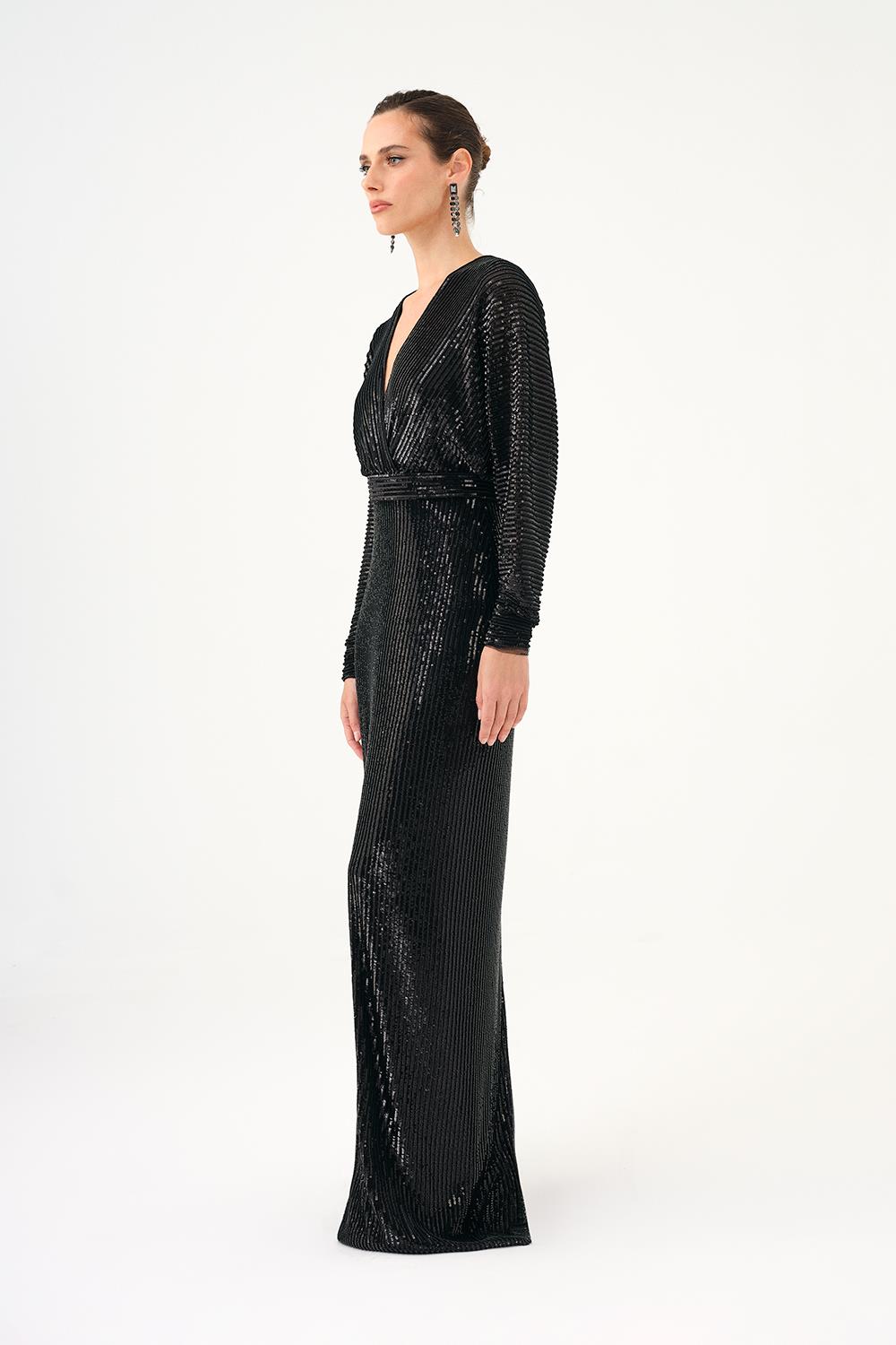 V Neck Long Sleeve Sequin Long Evening Dress