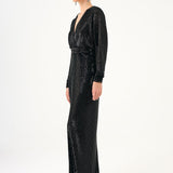 V Neck Long Sleeve Sequin Long Evening Dress