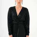 V Neck Long Sleeve Sequin Long Evening Dress