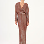 V Neck Long Sleeve Sequin Long Evening Dress