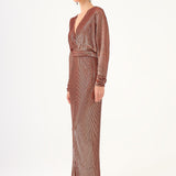 V Neck Long Sleeve Sequin Long Evening Dress