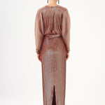 V Neck Long Sleeve Sequin Long Evening Dress