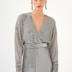 V Neck Long Sleeve Sequin Long Evening Dress