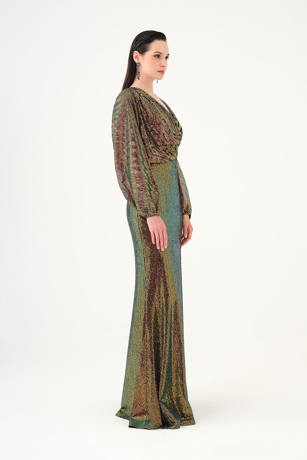 V Neck Sequined Long Sleeve Evening Dress