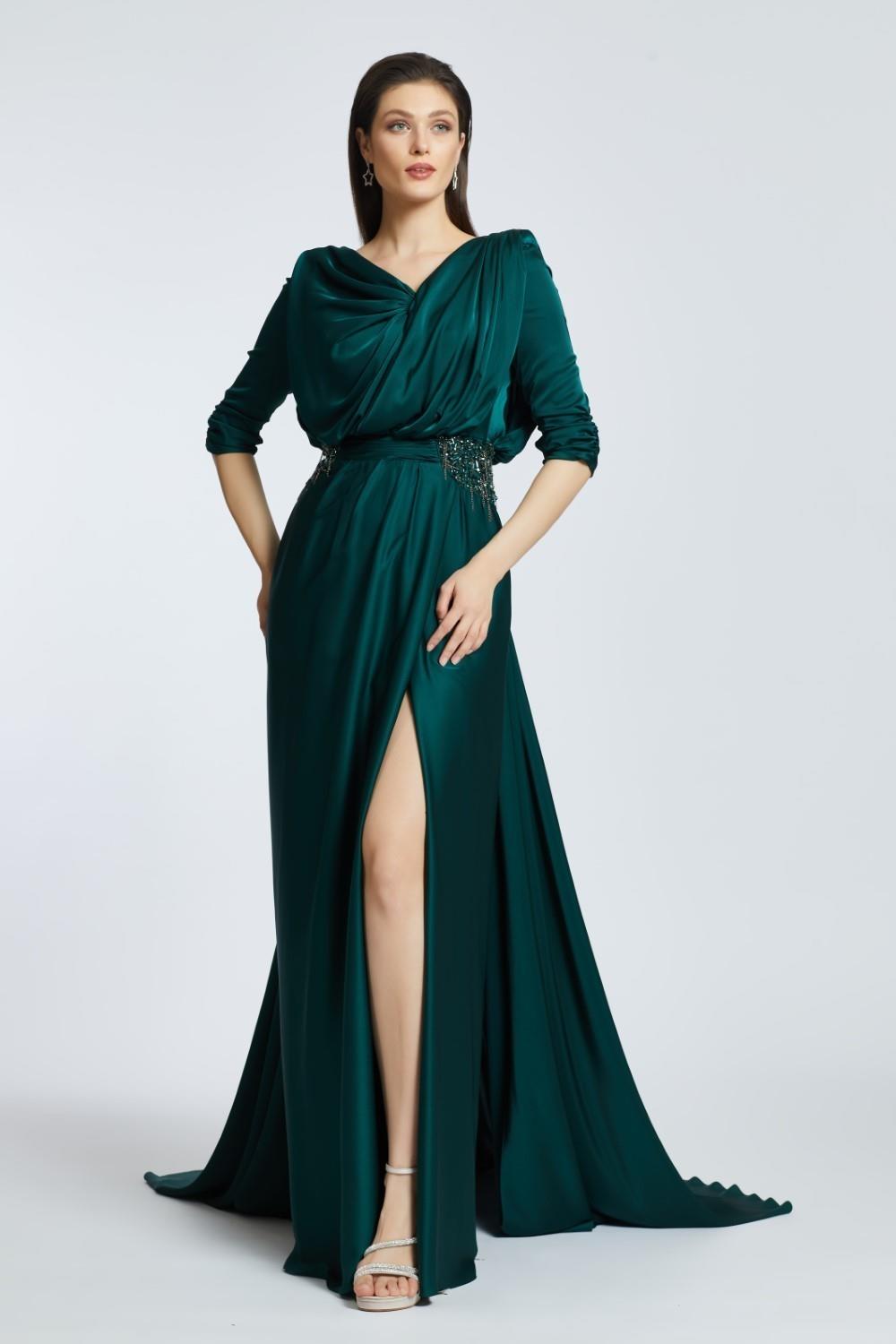 Embroidery Detailed Mandarin Collar Slit Long Evening Dress - 2026