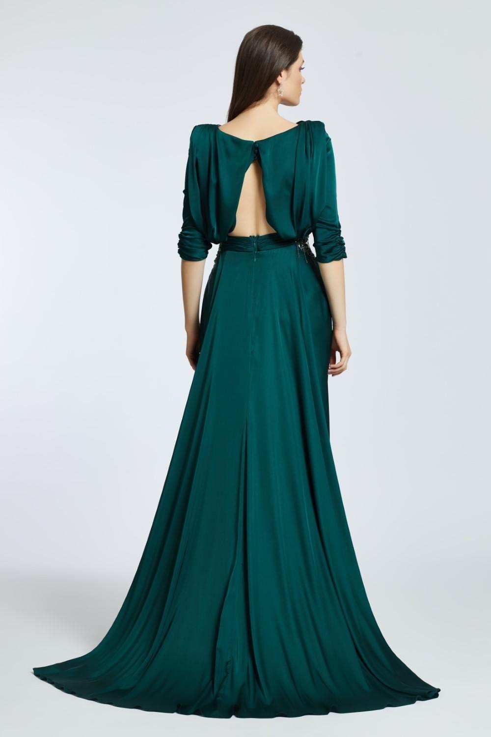 Embroidery Detailed Mandarin Collar Slit Long Evening Dress