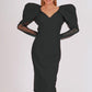 Wadding Shoulder Mesh Detailed Long Sleeve Midi Evening Dress