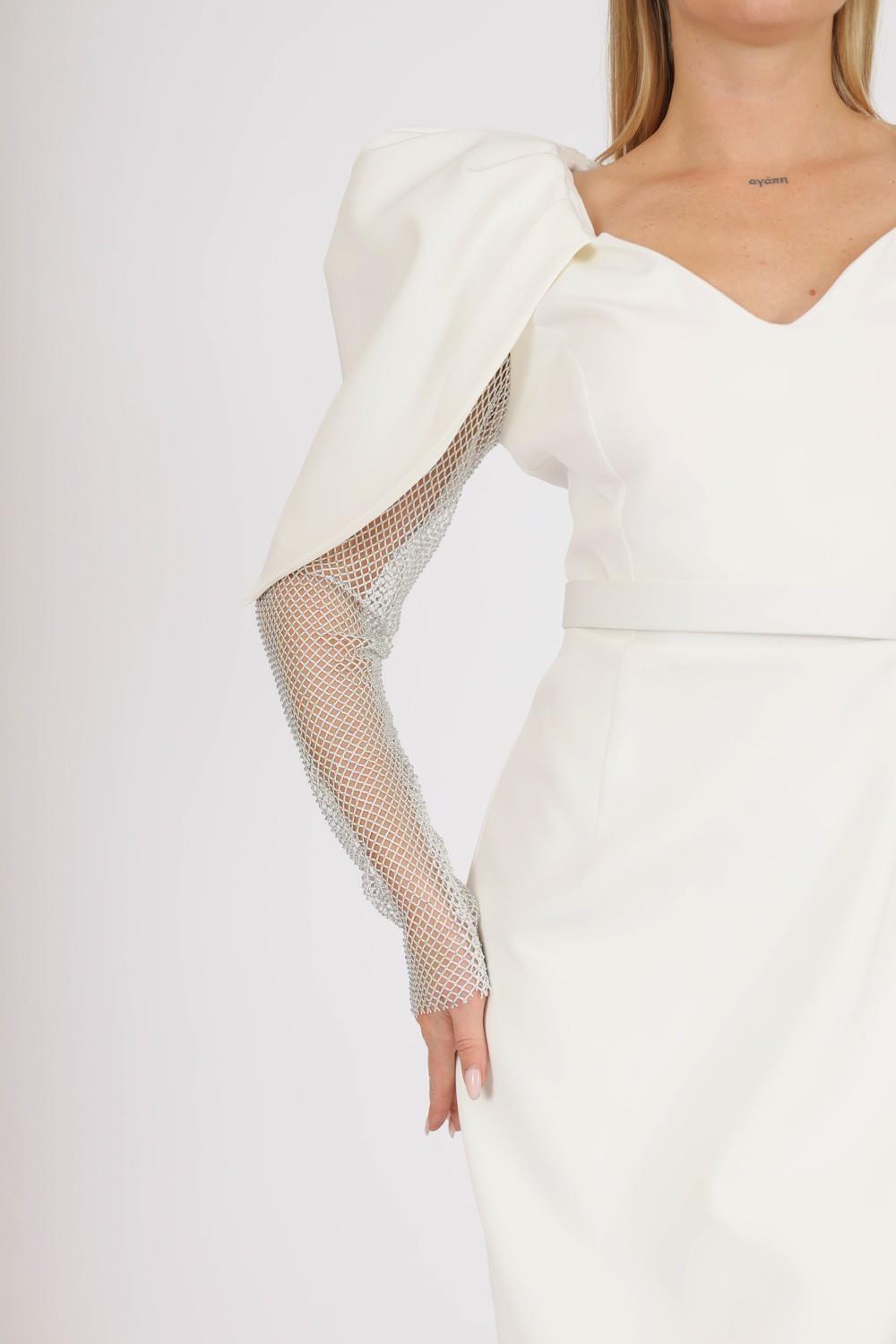 Wadding Shoulder Mesh Detailed Long Sleeve Midi Evening Dress